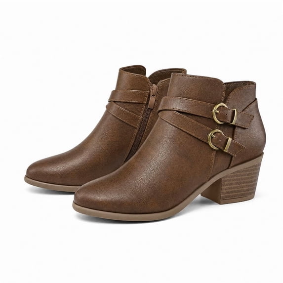 Rexoro Women's Ankle Boots Double Cross Strap Side Zipper Women Booties Brown PU 7.5