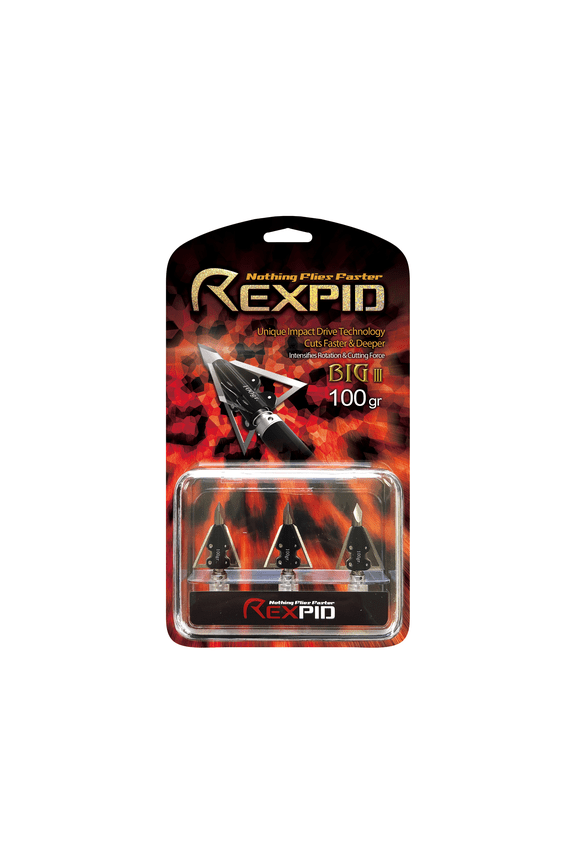 Rexpid Broadhead - Big III - Fixed Broadheads for Crossbow Hunting - Screw Tip Blade System - Rotates On Impact - Increased Penetration - 1 Cutting Diameter - 0.028" Blade Thickness - 100 Grain