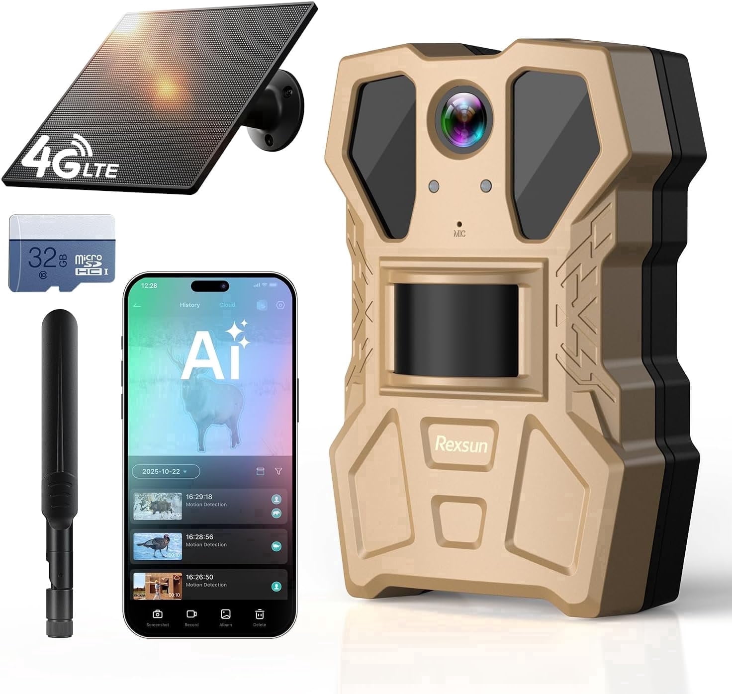 Rexsun 4G Cellular Trail Camera w/AI Detection, 2K 33MP Live Streaming Game Camera w/Unlimited Data Plan, No-Glow IR Flash, 120° FOV, 0.2S Fast Trigger, Two-Way Talk, Solar Panel & Battery Powered