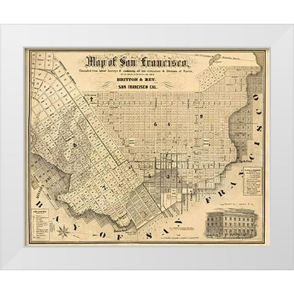 Rey, Britton and 31x26 White Modern Wood Framed Museum Art Print Titled - Map of San Francisco, 1852