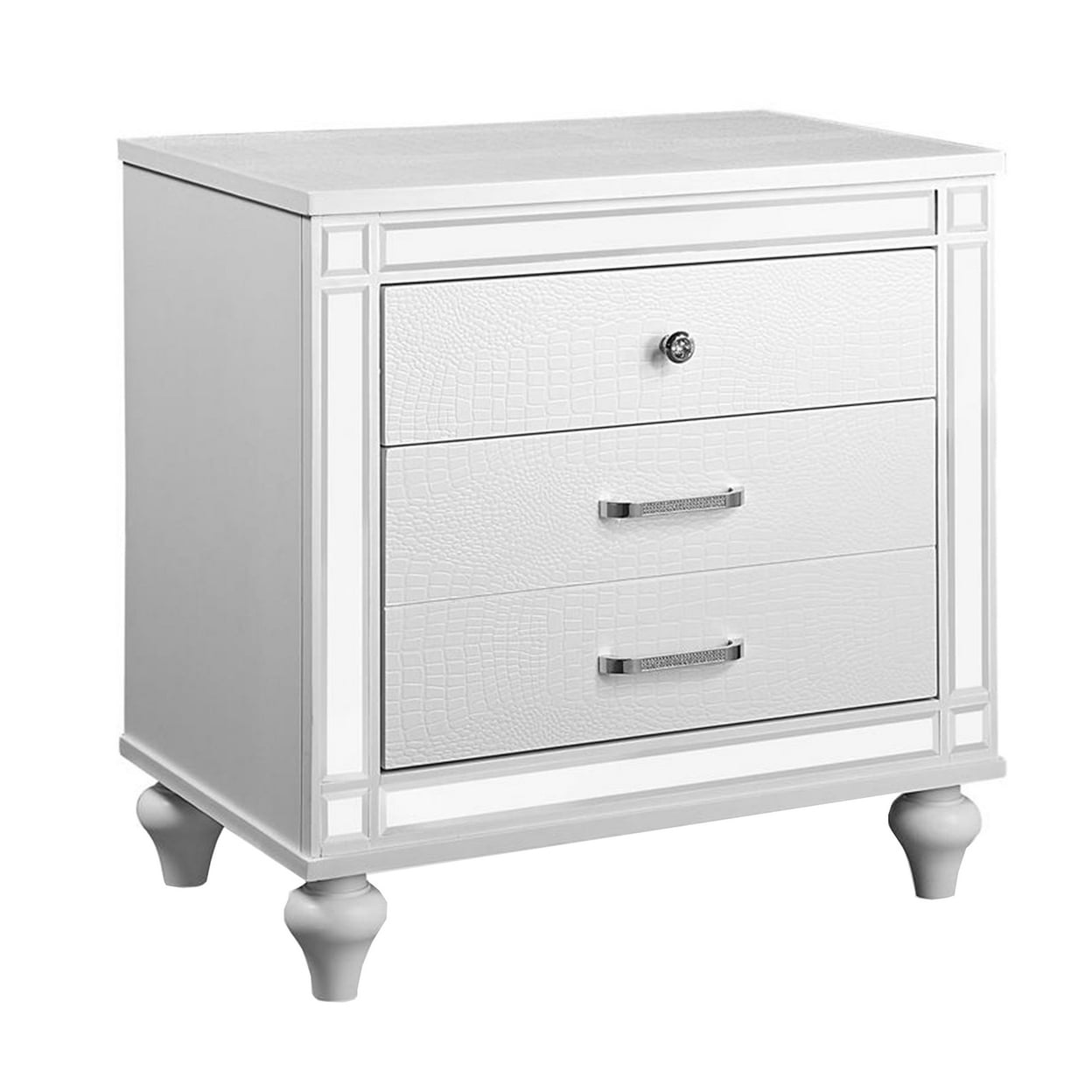 Reya 29 Inch Nightstand, Classic White, Textured Panels, Mirrored Trim ...