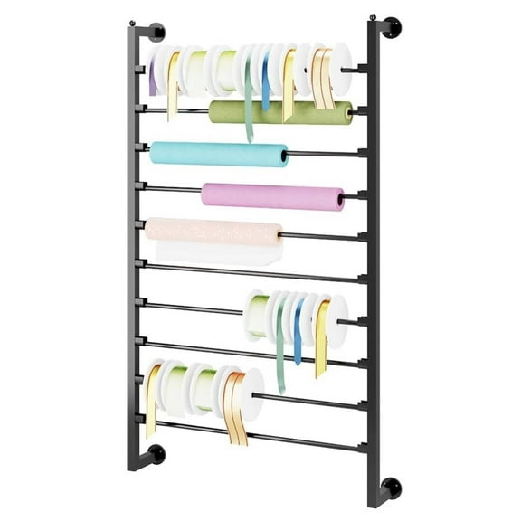 Reykilor 10 Tier Wall Mounted Ribbon Storage Organizer Metal Ribbon Display Shelf Wrapping Paper Rack Holder for Sewing Craft Mesh Thread Tape Crochet
