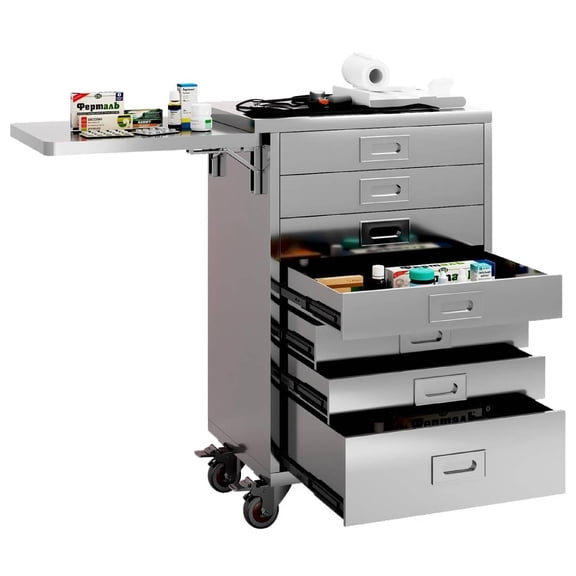 Reykilor 7 Drawers Dental Assistant's Special Mobile Cabinet, Stainless Steel Utility Storage Cart with Side Shelf for Hospital School Office Home