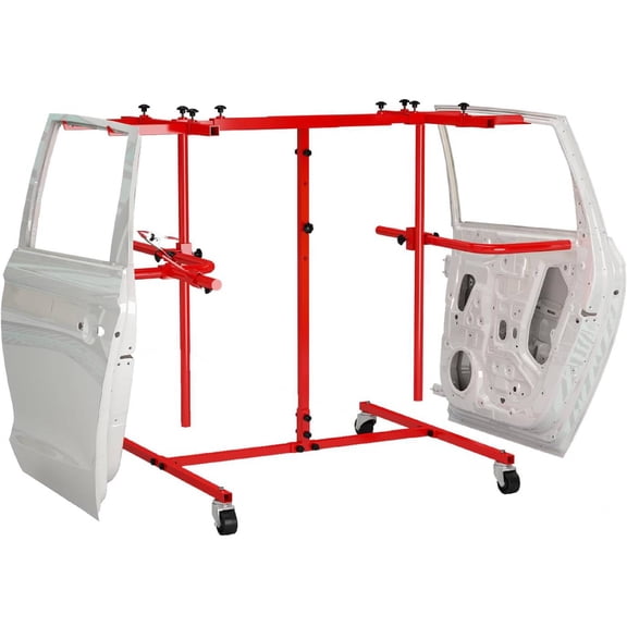 Reykilor Adjustable Auto Body Repair Paint Stand, Door Hood Fender Panel Bumper Mobile Steel Painting Drying Rack Holder with Clamps & Wheels, Red