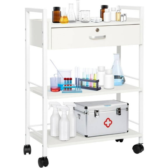 Reykilor Beauty Salon Trolley Cart, Mobile Utility Cabinet with Lockable Drawer Wooden Medical Dental Esthetic Rolling Storage Station for Spa Massage