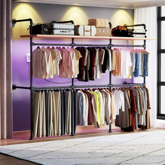 Reykilor Industrial Pipe Clothing Rack, Reversible 9.85FT Clothes Rack Garment Rack Wall Mounted Closet Wardrobe w/LED Lights & Shelves, 1000 lbs Cap.
