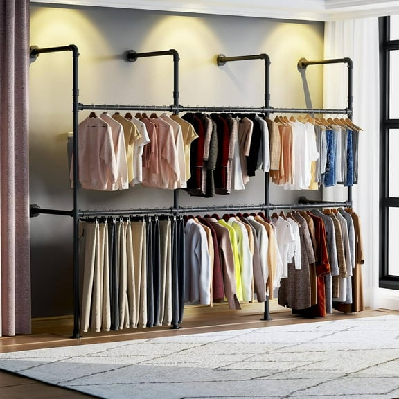 Reykilor Industrial Pipe Clothing Rack, Reversible 9.85FT Garment Rack for Hanging Clothes, Wall Mounted Walk In Closet for Wardrobe, 1000 lbs Cap.