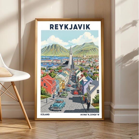 Reykjavik Hallgrímskirkja Poster: Vintage Gouache Iceland Cityscape, Stretched Canvas Size 16x24