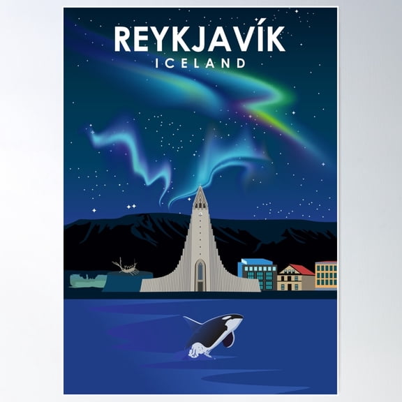 Reykjavik Iceland Northern Lights Travel Poster Wall Art, Modern Wall Decor For Living Room Bedroom, 8x12 UNFRAMED