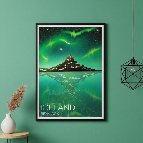 Reykjavik Northern Lights Print: Iceland Travel Poster, Unframed Canvas Size 24x36