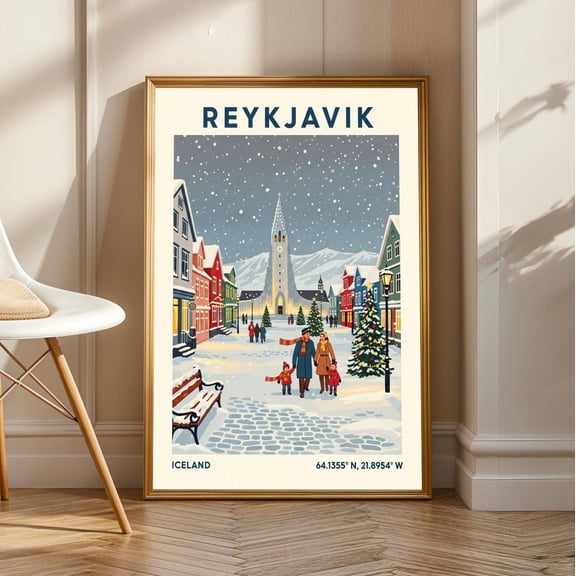 Reykjavik Winter Scene Poster: Hallgrímskirkja, Vintage Travel Art, Unframed Poster Size 16x24