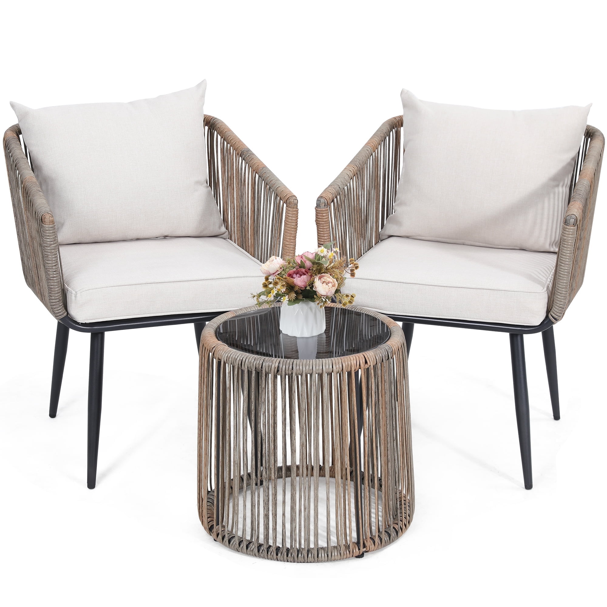 LOGYAT 3 Piece Patio Rattan Bistro Conversation Set, Outdoor All Weather Wicker Furniture Chair Set with Glass Tabletop for Balcony, Porch and Backyard, Beige