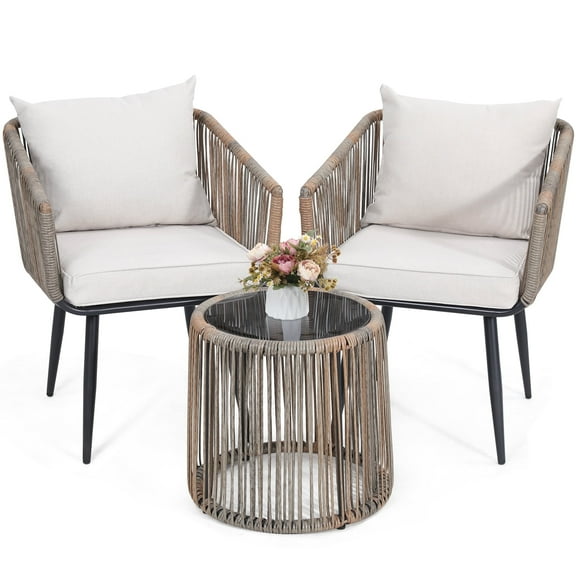 LOGYAT 3 Piece Patio Rattan Bistro Conversation Set, Outdoor All Weather Wicker Furniture Chair Set with Glass Tabletop for Balcony, Porch and Backyard, Beige