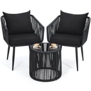 Murago 3 Piece Patio Rattan Bistro Conversation Set, Outdoor All Weather Wicker Furniture Chair Set with Glass Tabletop for Balcony, Porch and Backyard, Black