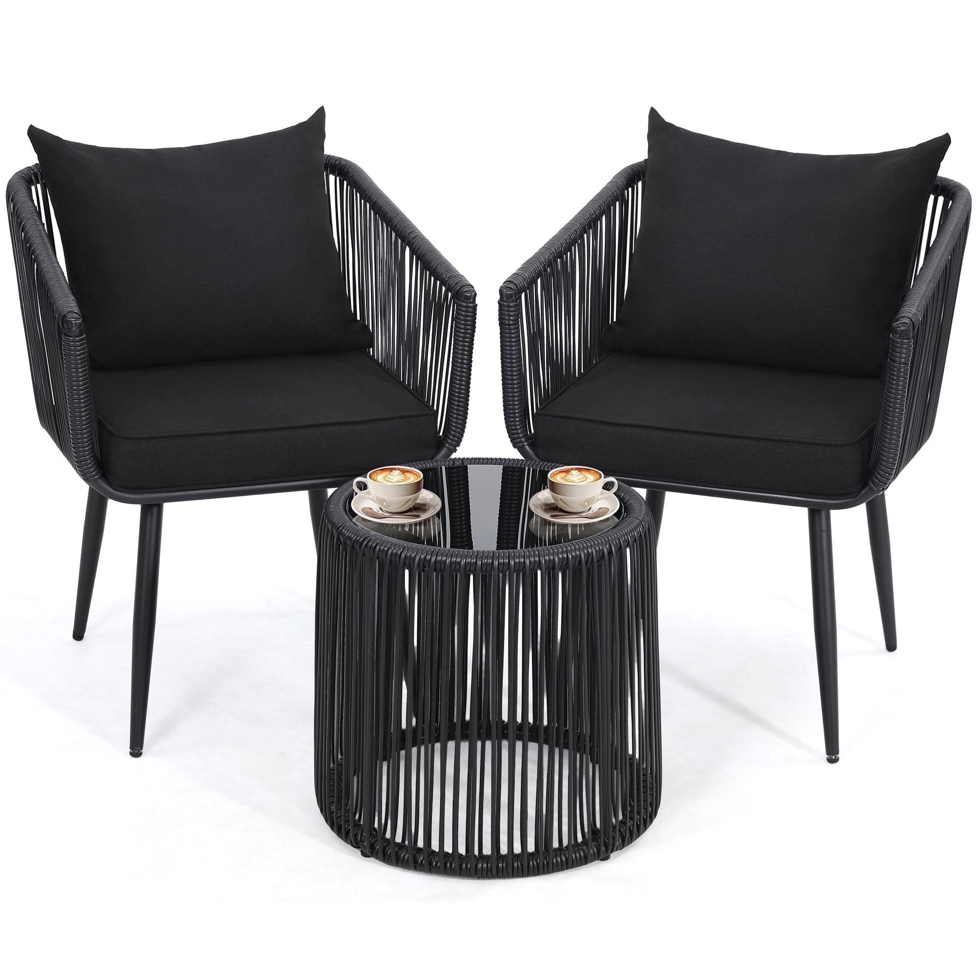 LOGYAT 3 Piece Patio Rattan Bistro Conversation Set, Outdoor All Weather Wicker Furniture Chair Set with Glass Tabletop for Balcony, Porch and Backyard, Black