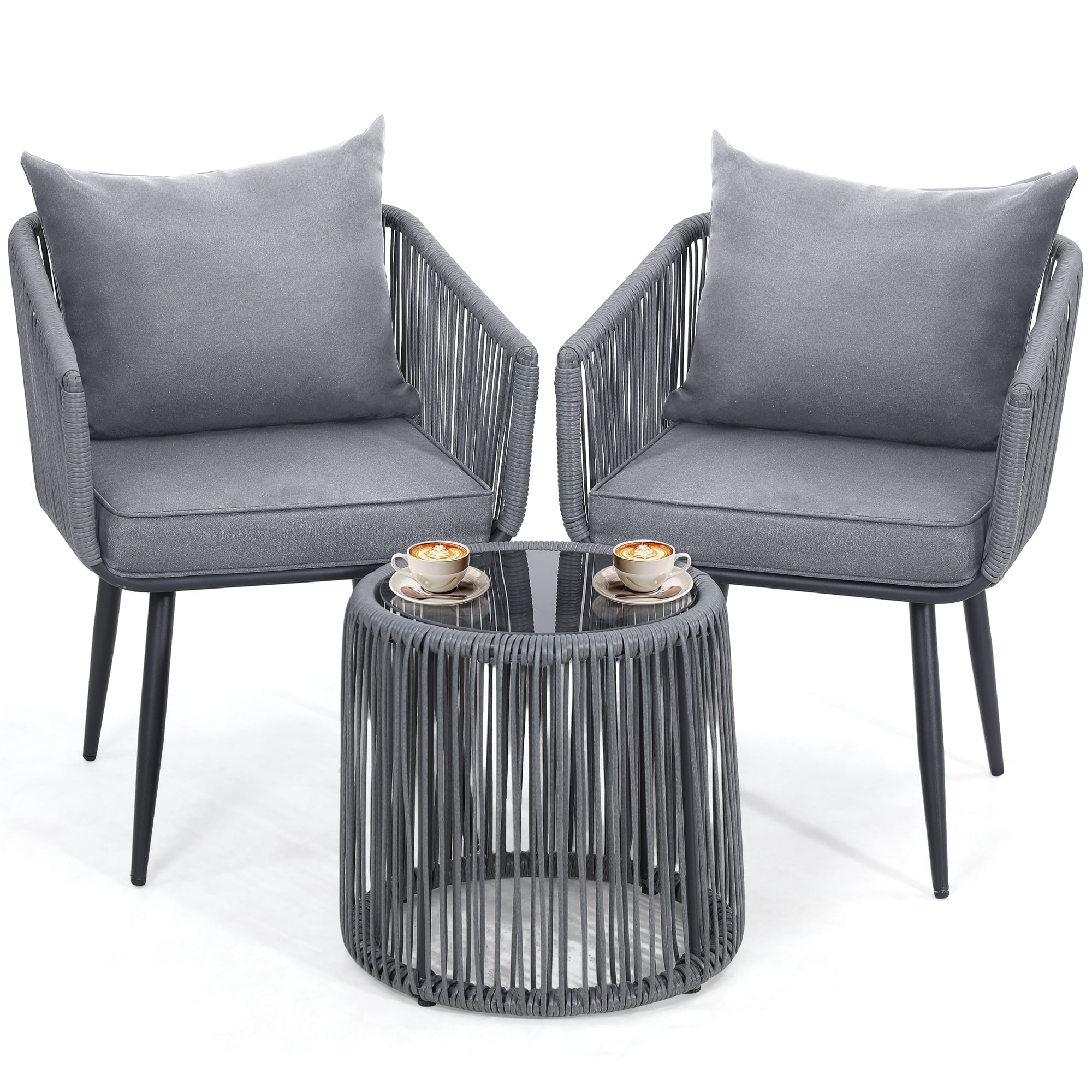 LOGYAT 3 Piece Patio Rattan Bistro Conversation Set, Outdoor All Weather Wicker Furniture Chair Set with Glass Tabletop for Balcony, Porch and Backyard, Gray