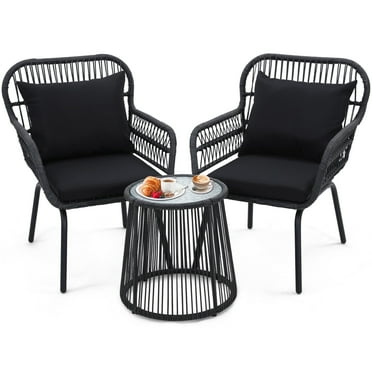 LOGYAT 3 Piece Rattan Bistro, Outdoor Parlor Set, Rattan Furniture Set with Glass Tabletop for Balcony, Backyard, Porch, Black