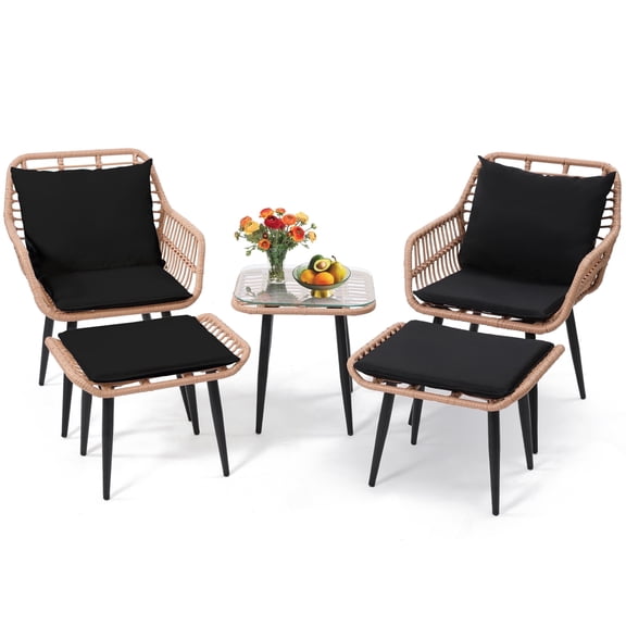 LOGYAT 5 Piece Outdoor Bistro Set, Patio Rattan Conversation Furniture Set with Cushioned Chairs,1 Square Table and 2 Ottoman for Porch, Balcony, Poolside, Patio,Natural