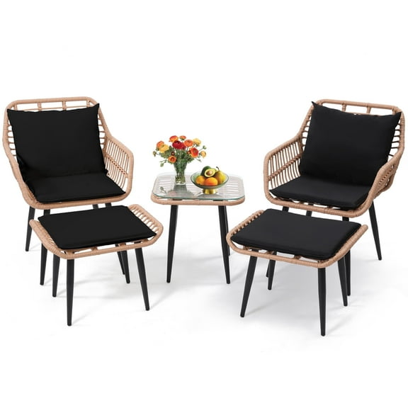 LOGYAT 5 Piece Outdoor Bistro Set, Patio Rattan Conversation Furniture Set with Cushioned Chairs，1 Square Table and 2 Ottoman for Porch, Balcony, Poolside, Patio,Natural