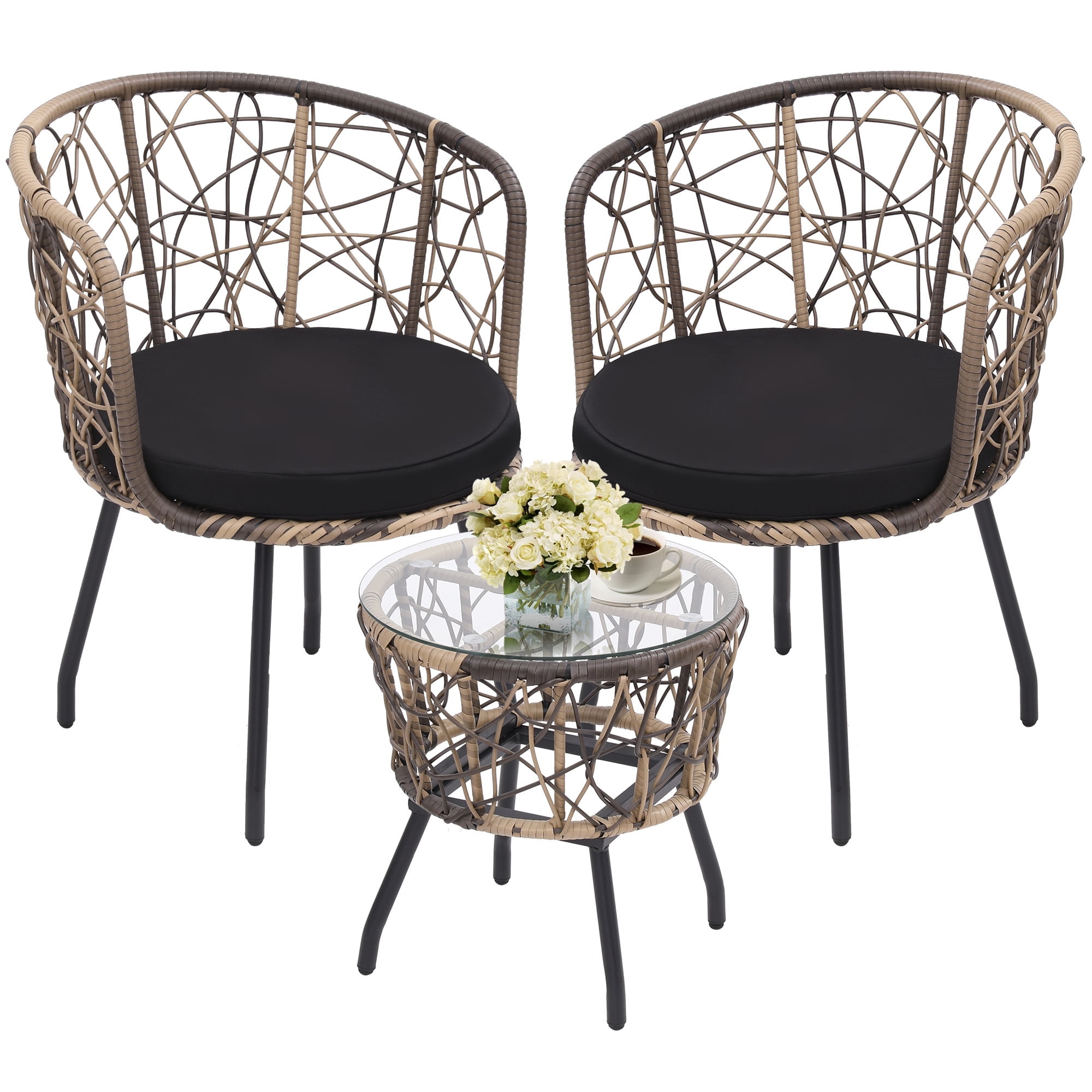 LOGYAT Boho 3 Piece Bistro Set, Modern Outdoor Wicker Patio Furniture ...