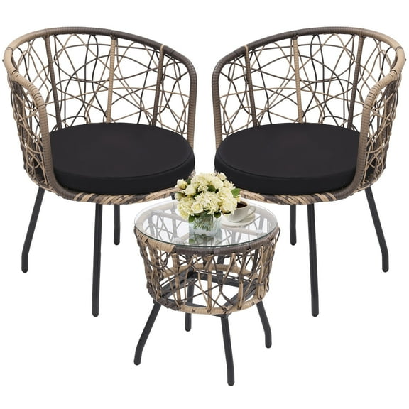 LOGYAT Boho 3 Piece Bistro Set, Modern Outdoor Wicker Patio Furniture, Two Chairs and a Tempered Glass Top Table, Natural Rattan， Black Cushion