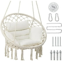 Reyletex Macrame Hammock Hanging Swing Chair with Cushion, Perfect for Bedroom, Porch, Adults, Balcony, Beige