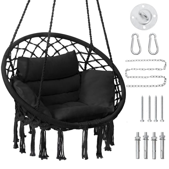 LOGYAT Macrame Hanging Swing Chair with Medium Cushion for Bedroom, Balcony & Porch, Black