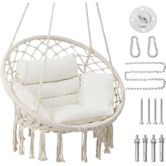 LOGYAT Macrame Hanging Swing Chair with Cushion, Beige, for Bedroom and Porch