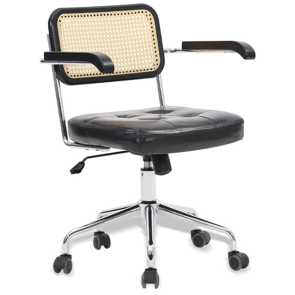 LOGYAT Modern Tiltable Rattan Desk Chairs with Wheels, 360° Swivel Vanity Chair, Height Adjustable, Armrest Home Office Desk Chairs, Faux PU Leather, Black
