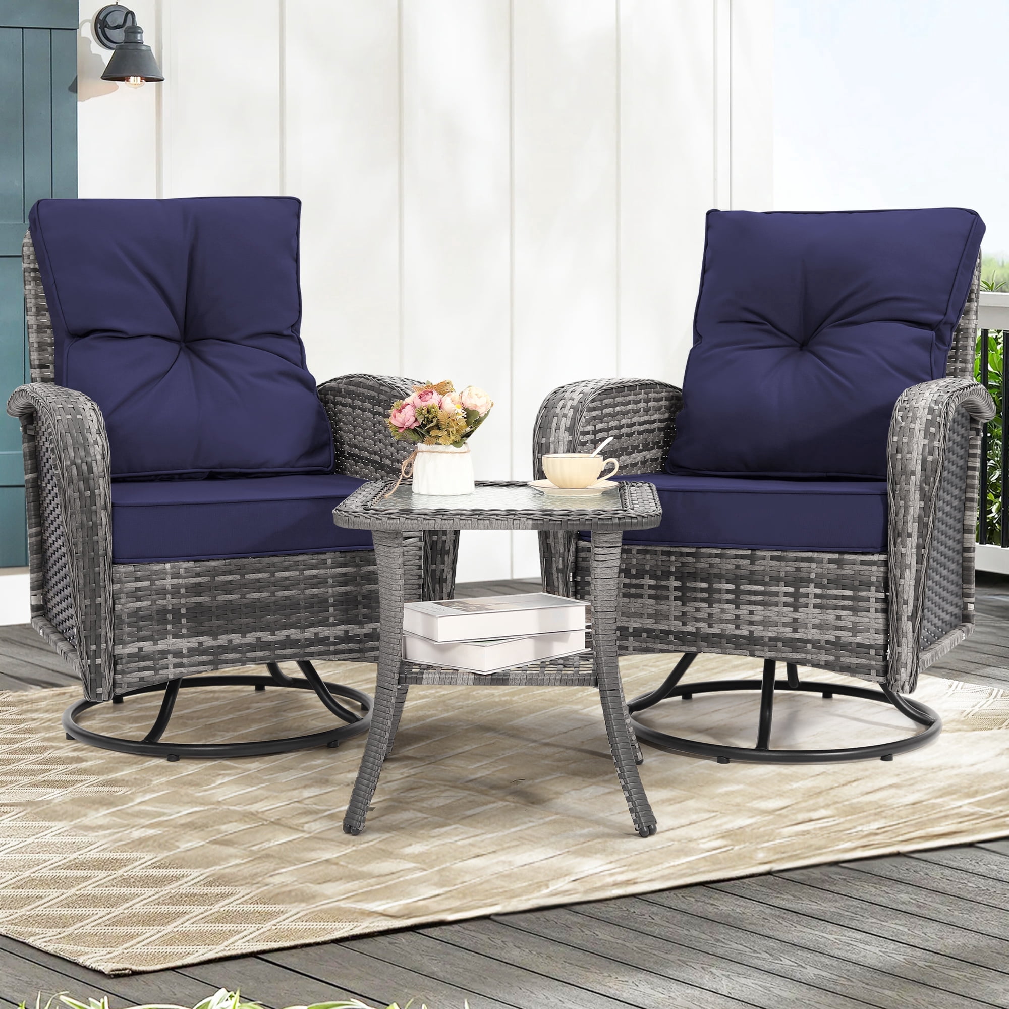 LOGYAT 3-Piece Swivel Wicker Patio Furniture Set, All-Weather Resin Rattan Chairs with Washable Cushions, Tempered Glass Top Side Table for Porch Deck Balcony, Blue Cushions