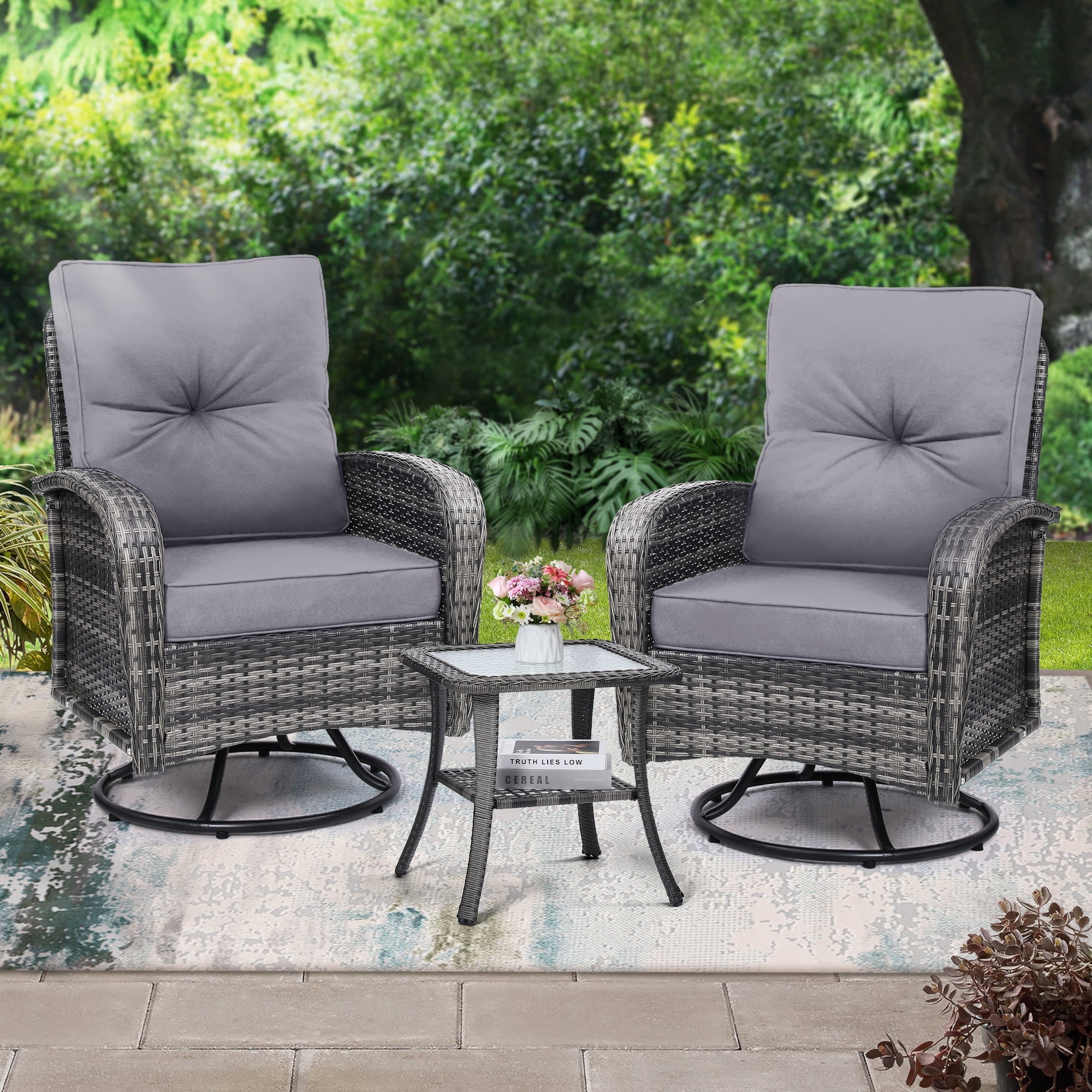 LOGYAT 3-Piece Swivel Wicker Patio Furniture Set, All-Weather Resin Rattan Chairs with Washable Cushions, Tempered Glass Top Side Table, Suitable for Porch Deck Balcony, Grey R