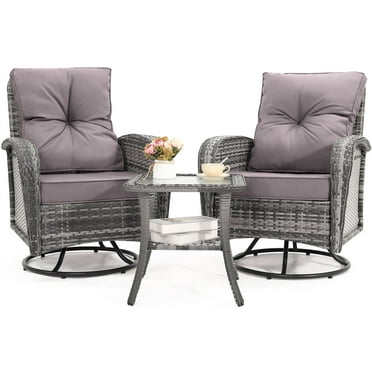 LOGYAT Outdoor Swivel Wicker Pulley Patio Chair with Washable Cushions, Two Chairs and a Tempered Glass Top Table, Ideal for Porches, Balconies, Decks, Grey Rattan， Grey Cushion