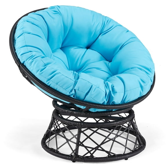 LOGYAT Wicker Papasan Circle Chair, 360° Swivel Chair, 37" Living Room Chair, Indoor Outdoor Rattan Chair with Thick Cushion, Ideal for Teenagers,Black Rattan with Blue Cushion