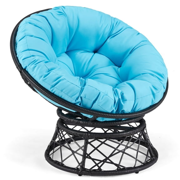 LOGYAT Wicker Papasan Circle Chair, 360° Swivel Chair, 37" Living Room Chair, Indoor Outdoor Rattan Chair with Thick Cushion, Ideal for Teenagers,Black Rattan with Blue Cushion