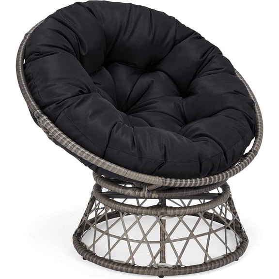 LOGYAT Wicker Papasan Circle Chair, 360° Swivel Chair, 37" Living Room Chair, Indoor Outdoor Rattan Chair with Thick Cushion, Ideal for Teenagers,Grey Rattan with Black Cushion