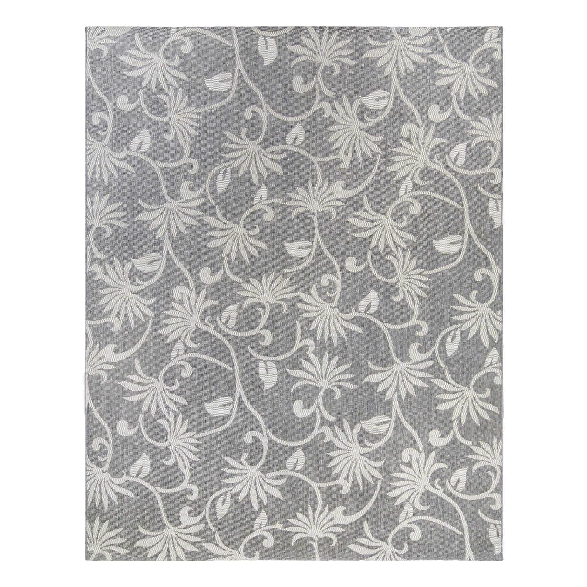 Reyn Spooner Kona Coast Polynesian Pareau Tropical Floral Gray Cream Flatweave Indoor/Outdoor Area Rug, 5x8