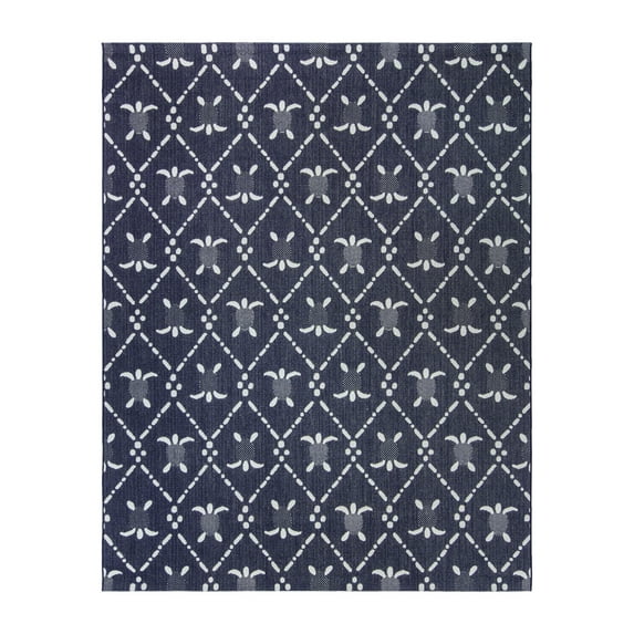 Reyn Spooner Kona Coast Royal Honu Tropical Sea Turtle Navy Blue White Flatweave Indoor/Outdoor Area Rug, 5x8