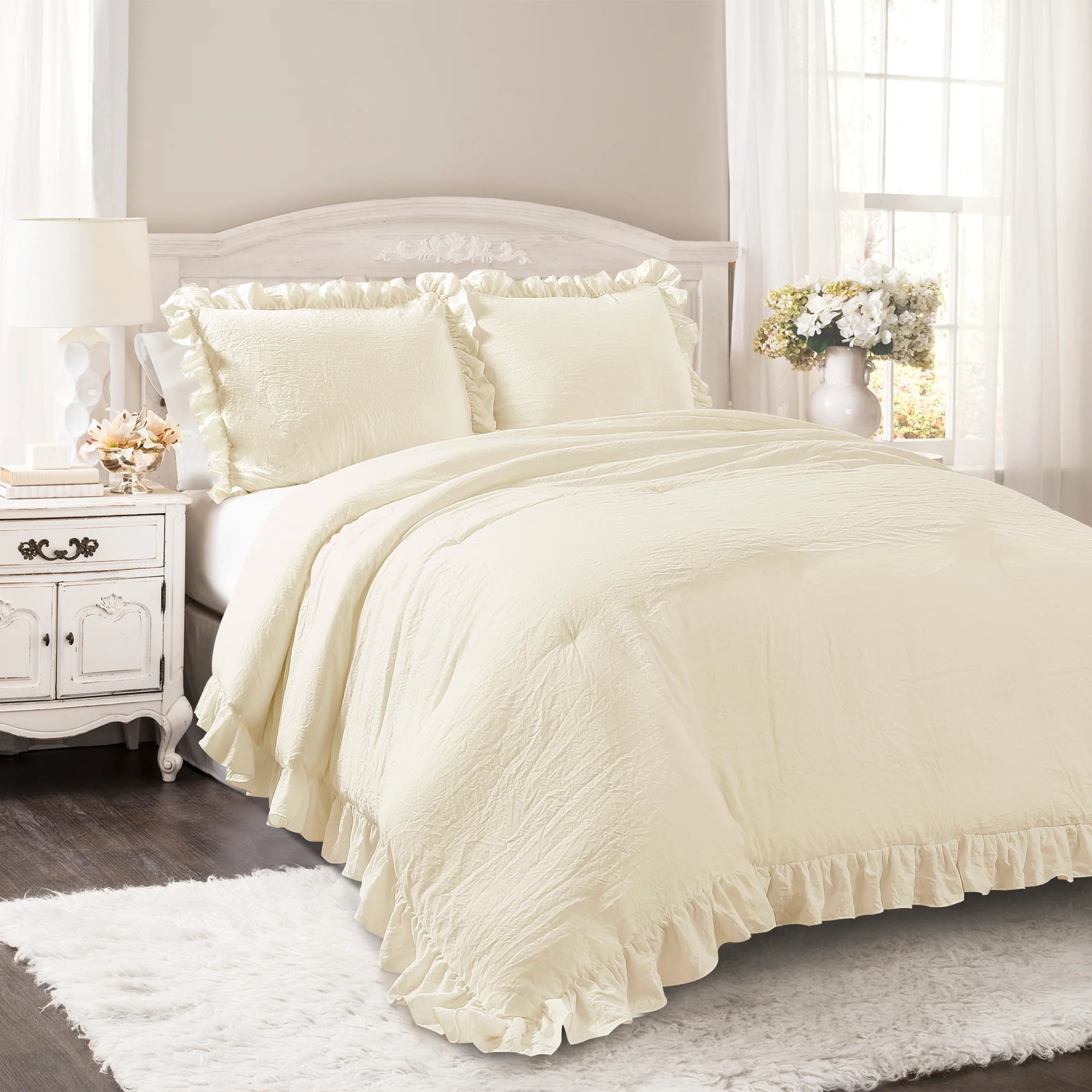 Lush Décor 3pc Full/Queen Reyna Comforter Set Ivory: Microfiber, Ruffled, OEKO-TEX Certified