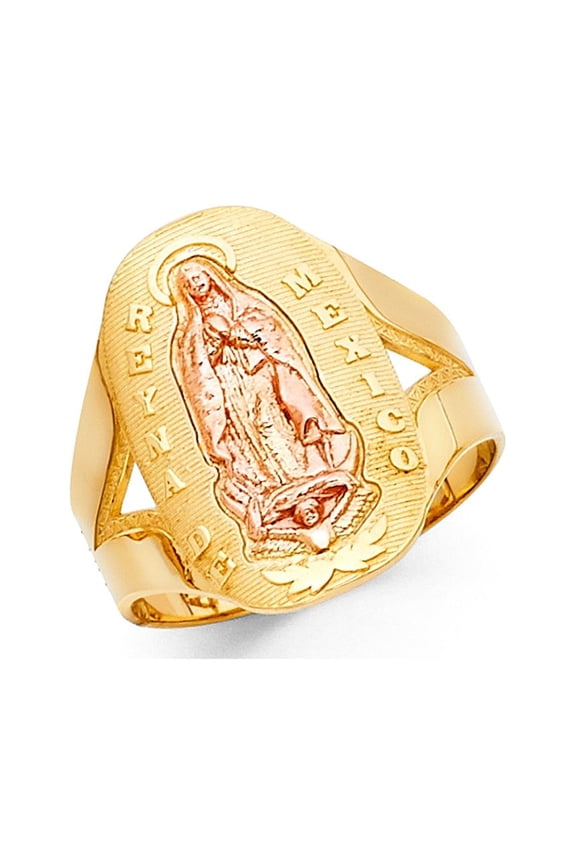 Reyna De Mexico Guadalupe Ring 14k Yellow Rose Gold Oval Wide Band Diamond Cut Two Tone 20MM Size 7.5