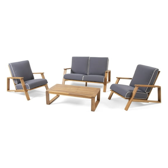 Reyna Outdoor Acacia Wood 4 Seater Chat Set with Cushions, Teak, Dark Gray