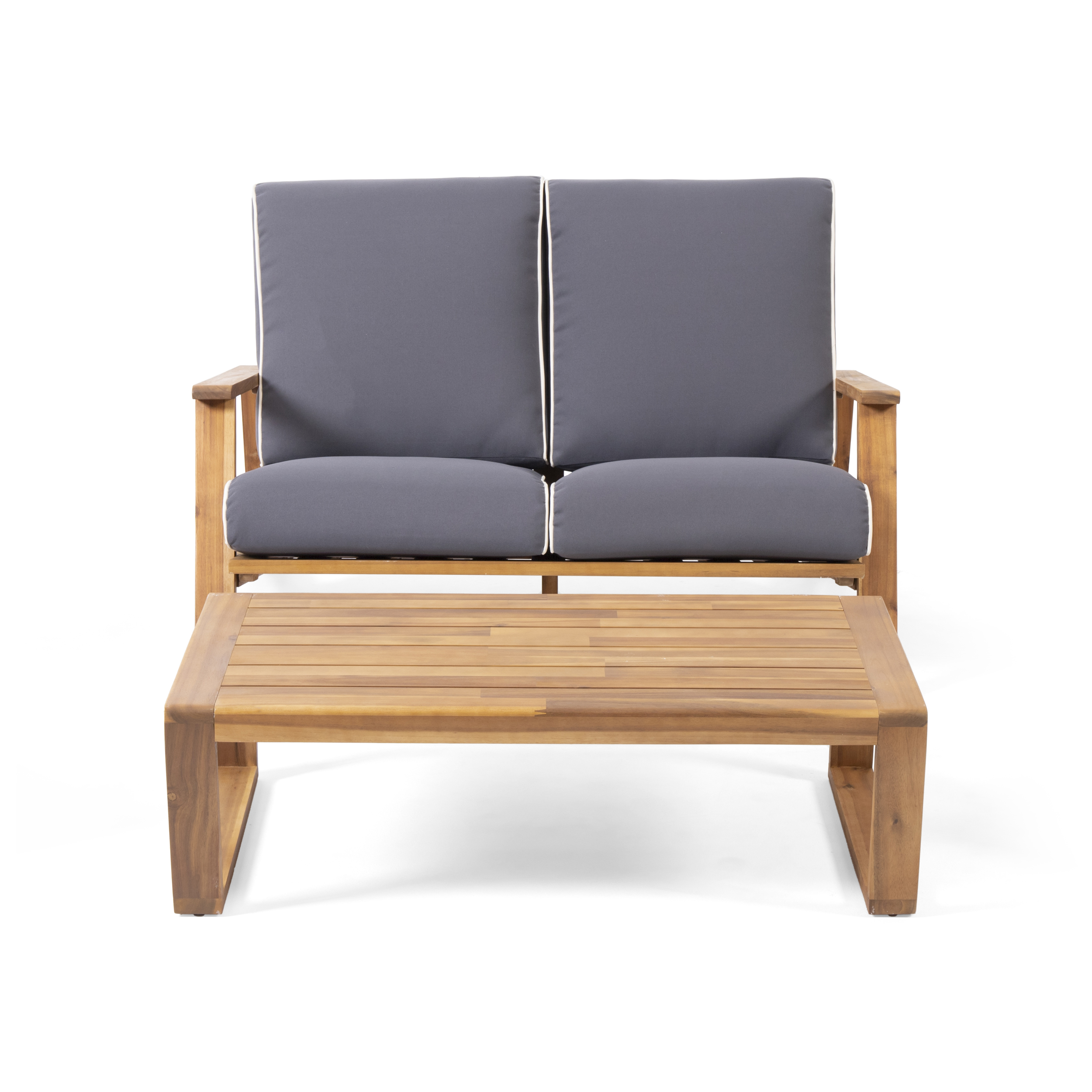 Reyna Outdoor Acacia Wood Loveseat Set with Coffee Table, Teak, Dark Gray