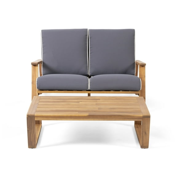 Reyna Outdoor Acacia Wood Loveseat Set with Coffee Table, Teak, Dark Gray