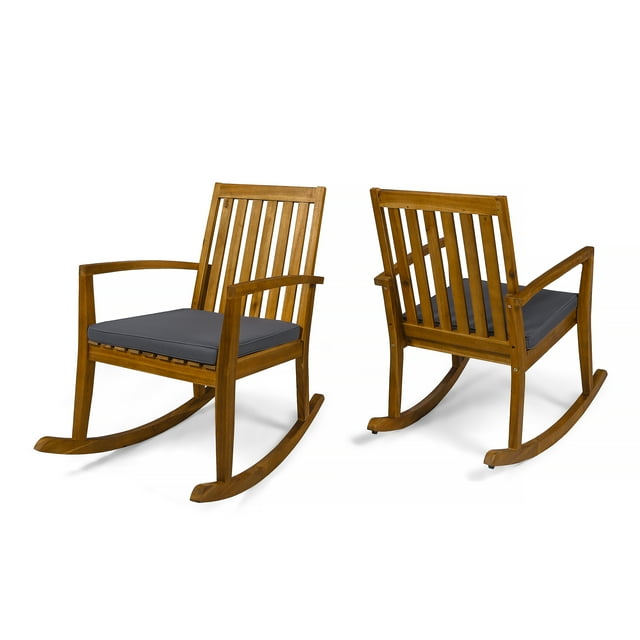 Reyna Outdoor Acacia Wood Rocking Chairs with Cushions, Teak, Dark Gray