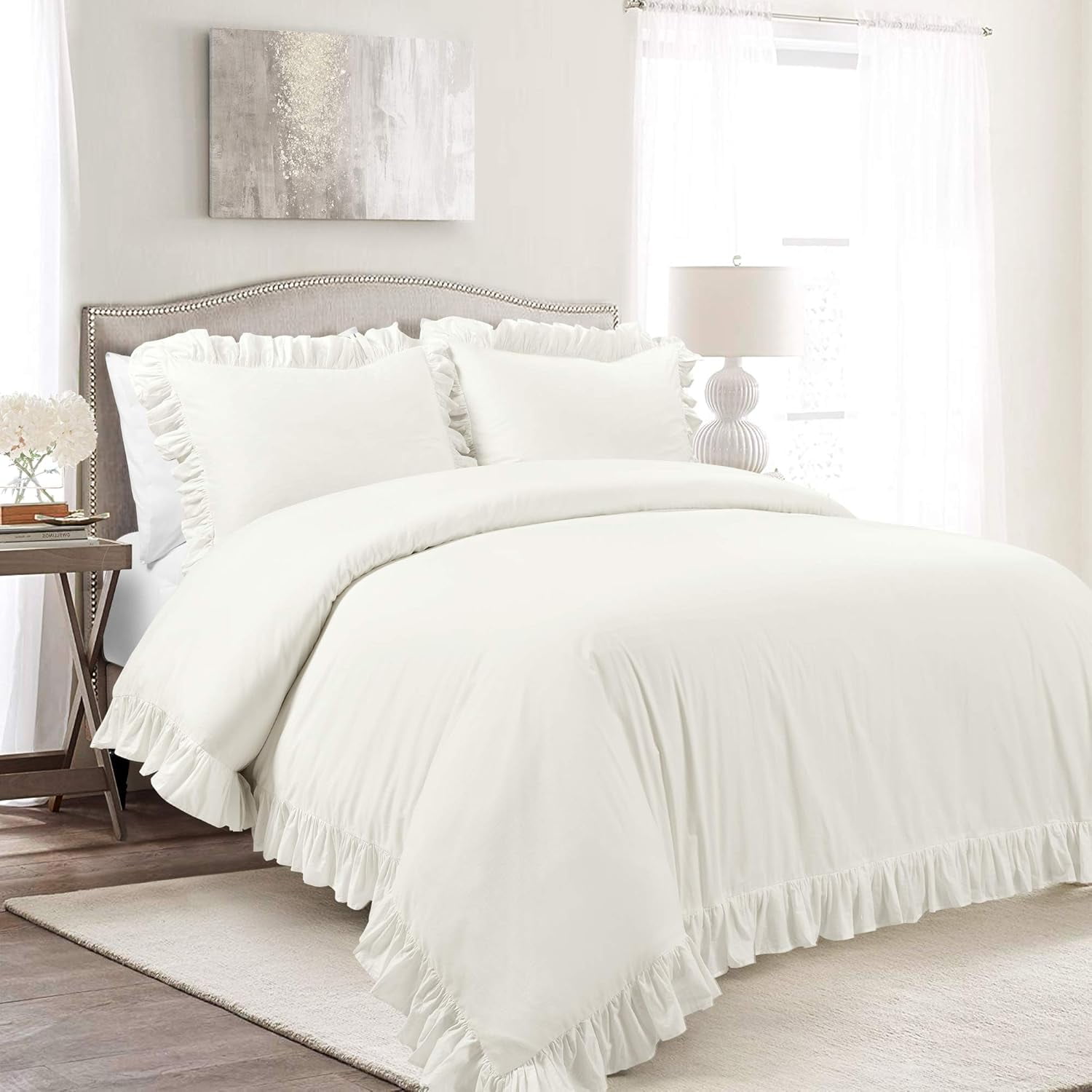 Ella Ruffled White Cotton King Duvet Cover Set