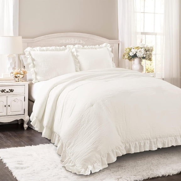 Reyna Ruffle Comforter Set - 3 Piece Cozy Ruffled Bedding Timeless Elegance and Comfort for Dorm Room Full/ Queen, White