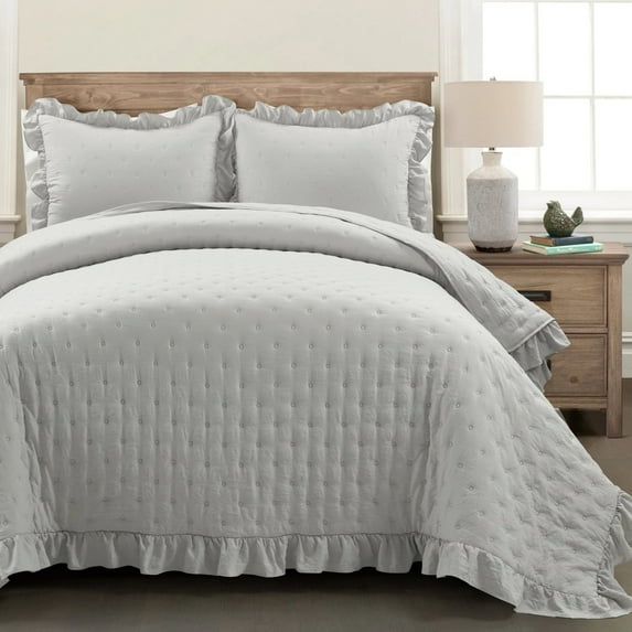 Reyna Ruffle Reversible Oversized Quilt Light Gray 3Pc Set Full/Queen