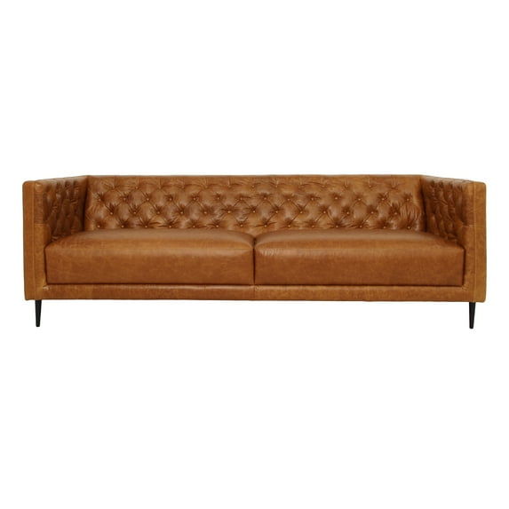 Reynold Mid-Century Modern Tufted Back Genuine Leather Sofa in Cognac Tan