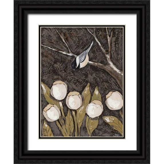 Reynolds, Jade 19x24 Black Ornate Wood Framed with Double Matting Museum Art Print Titled - Chickadee and Tulips II