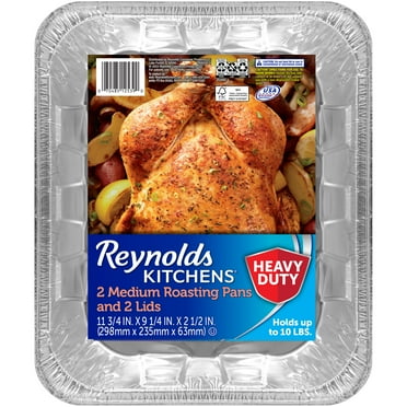 Reynolds Kitchens Heavy Duty Disposable Aluminum Roasting Pans with Lids, 11.75x9.25x2.5 in, 2 Count