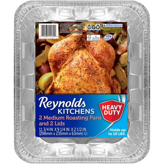 Reynolds Kitchens Heavy Duty Disposable Aluminum Roasting Pans with Lids, 11.75x9.25x2.5 in, 2 Count